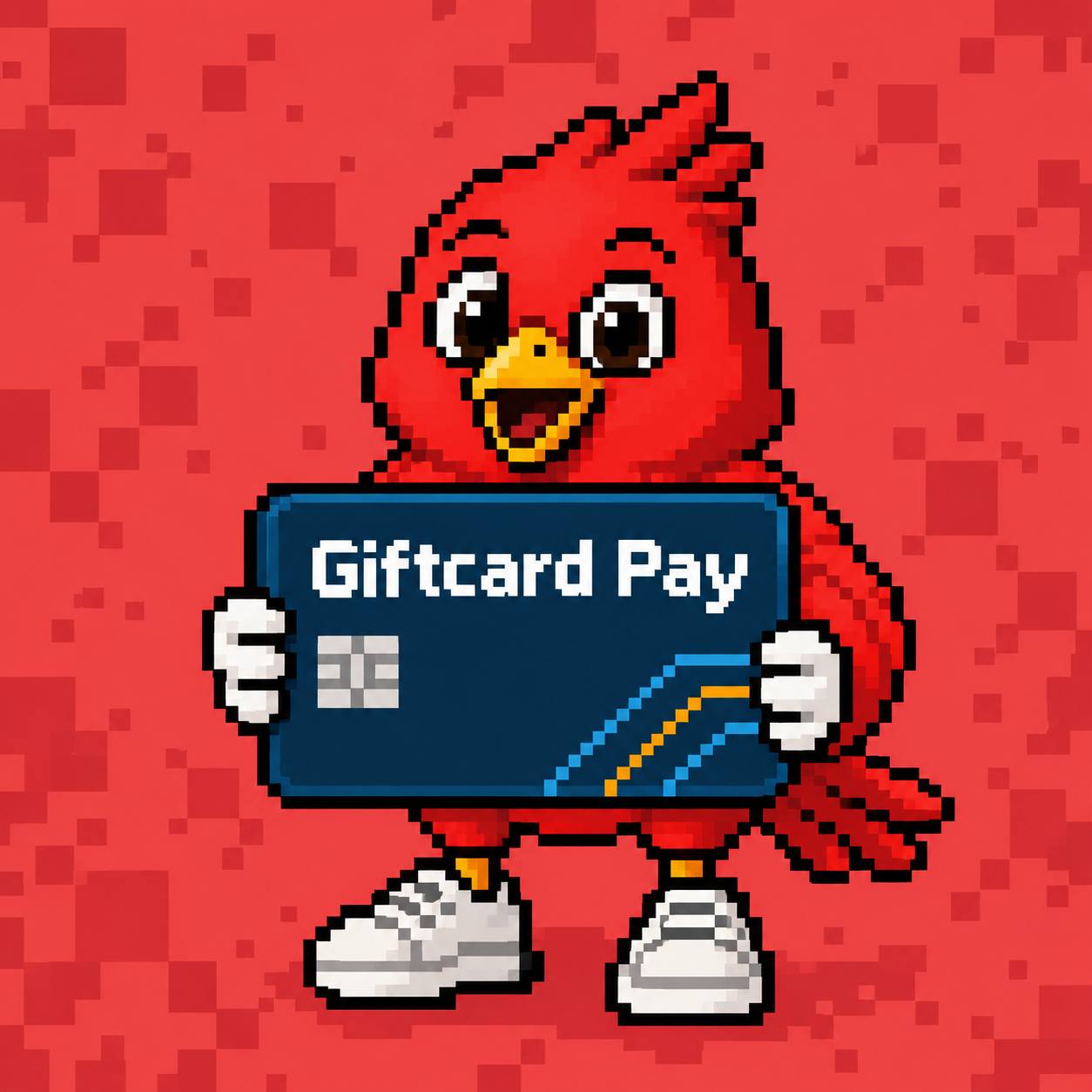 Red pixel-art bird mascot holding a Giftcard Pay card
